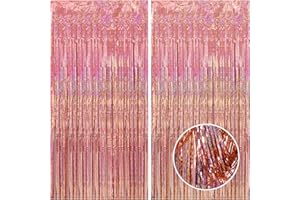 CANREVEL 2 Pack 3.3x8.2 Feet Rose Gold Foil Fringe Backdrop Curtains, Glitter Tinsel Streamers Birthday Party Decorations, Fringe Backdrop for Bachelorette Bride to Be Birthday Girls Streamers Party