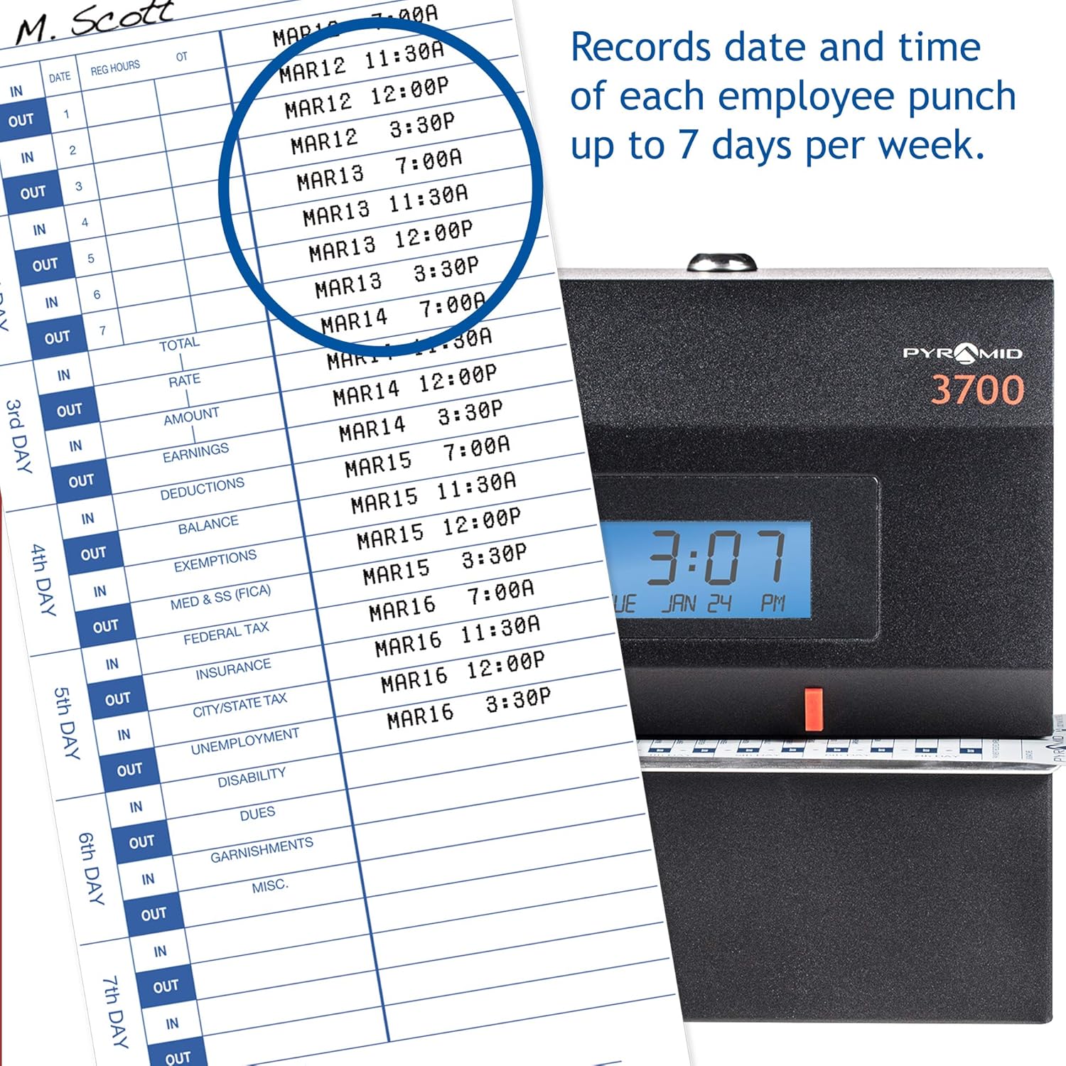 Pyramid Time Systems 3700 Heavy Duty Steel Time Clock and Document Stamp, Prints employee time & up to 14 pre-programmed messages, Made in the USA, Black : Office Products