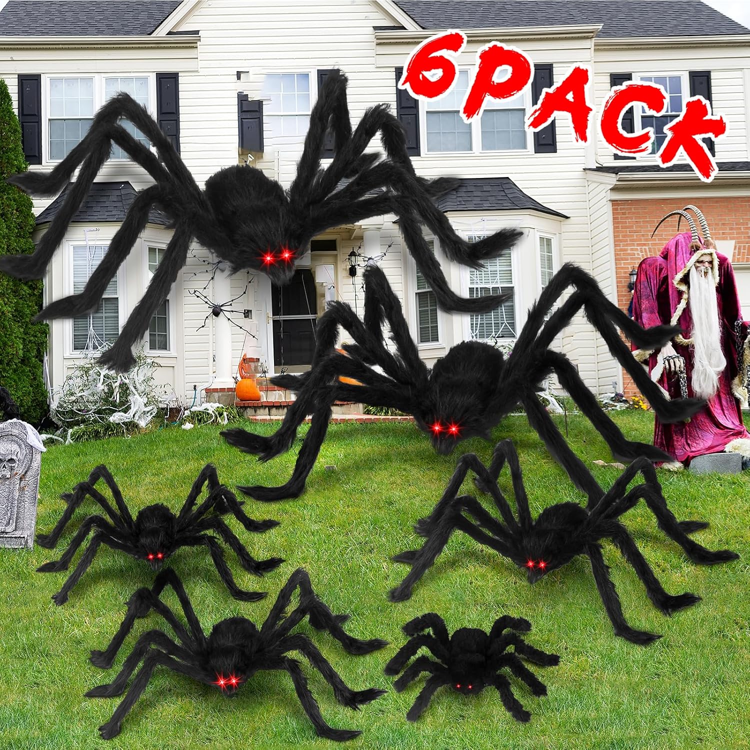 Outdoor Holiday Decorations - Acina Halloween Spider Decorations, 6 Pcs Realistic Hairy Spiders Set, Scary Virtual Spider Props for Indoor, Outside Yard and House Garden Lawn Creepy Decor (6 Different Sizes Black)