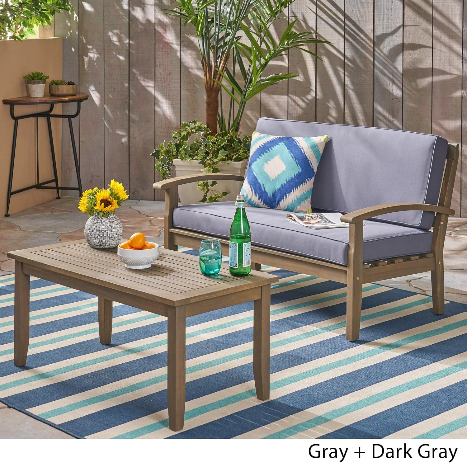 Great Deal Furniture Keanu Outdoor Teak Finished Acacia Wood Loveseat And Coffee Table Set With Beige Water Resistant Cushions Loveseats