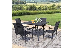 Seekverse 5-Piece Outdoor Dining Set, Square Metal Table with Black Chairs, Black Patio Table with Umbrella Hole for Garden, Yard, Patio