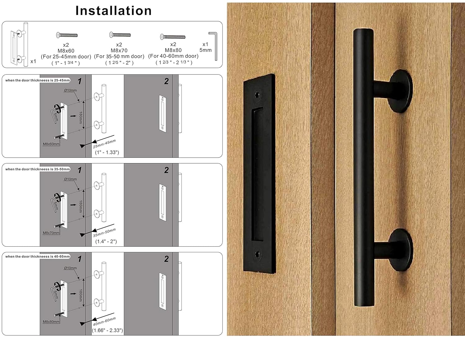 FLORADIS PULL AND FLUSH HANDLE SET 12 for SLIDING BARN DOOR/ FIT DOORS UP TO 2 1/3/ FLUSH MOUNT