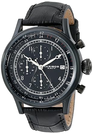 Akribos XXIV Mens AK798BK Chronograph Quartz Movement Watch with Black Dial and Leather Strap