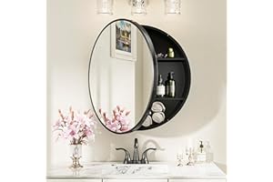 Keonjinn Round 24 x 24 Inch Medicine Cabinet for Bathroom, Black Mirror Wall Mounted, Modern Surface Mount Only, Circle Metal