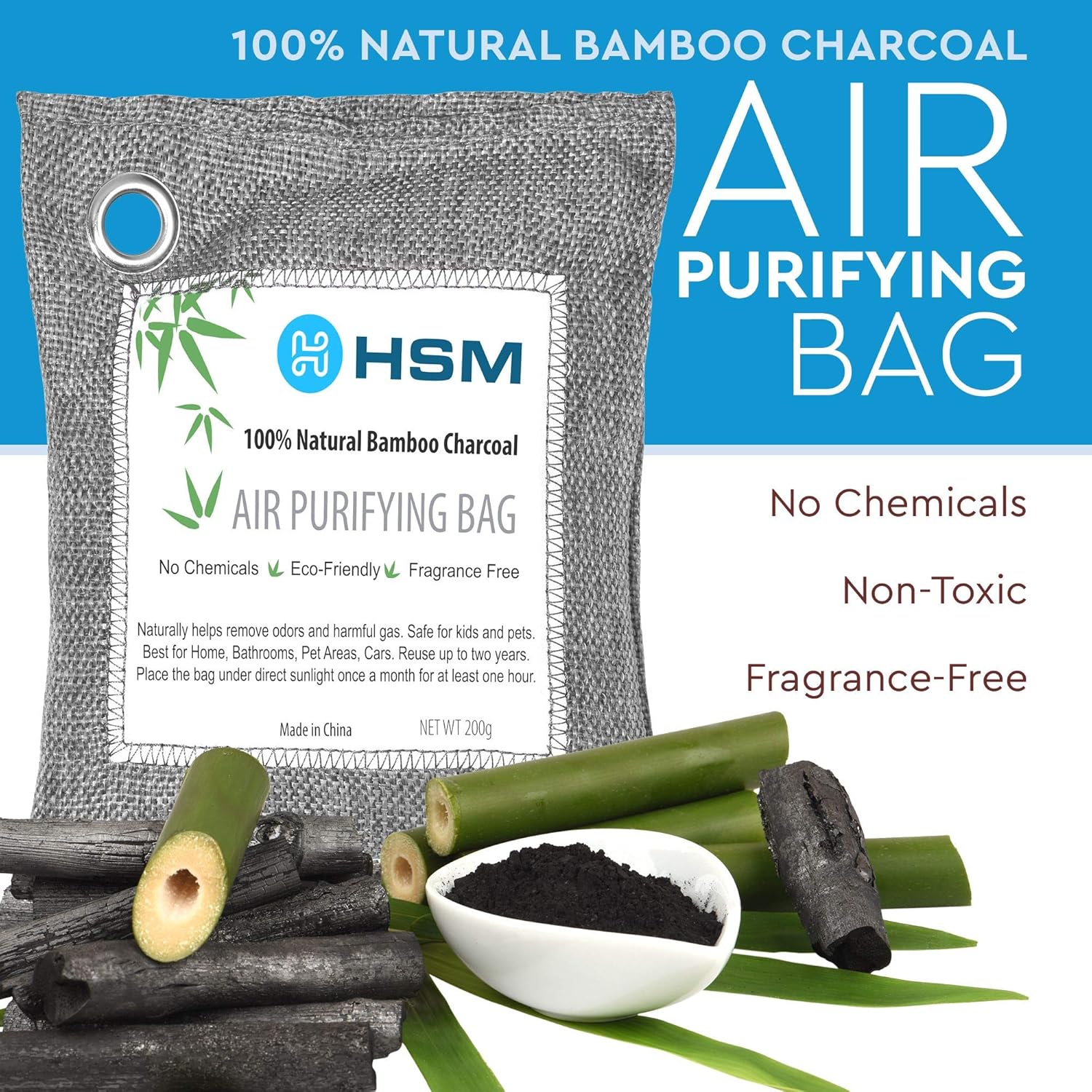 HSM MED SUPPLY Bamboo Charcoal Air Purifying Bags (8 Pack), Charcoal Bags Odor Absorber for Home (Pet Friendly) - Charcoal Air Purifying Bags (8 x 200g): Home & Kitchen