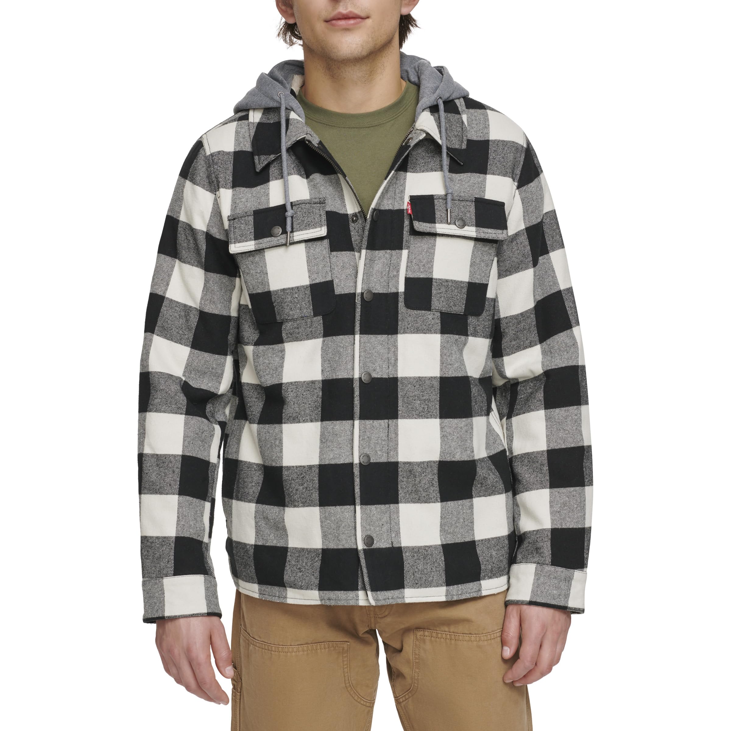 Levi's Men's Plaid Sherpa Lined Hooded Shirt Jacket (Regular & Big & Tall Sizes), White Black Buffalo Plaid, X-Large Image