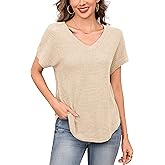 Totatuit Women V Neck Waffle T Shirts Summer Rolled Short Sleeve Shirts Loose Knit Tunic Tops Cozy Basic Tee