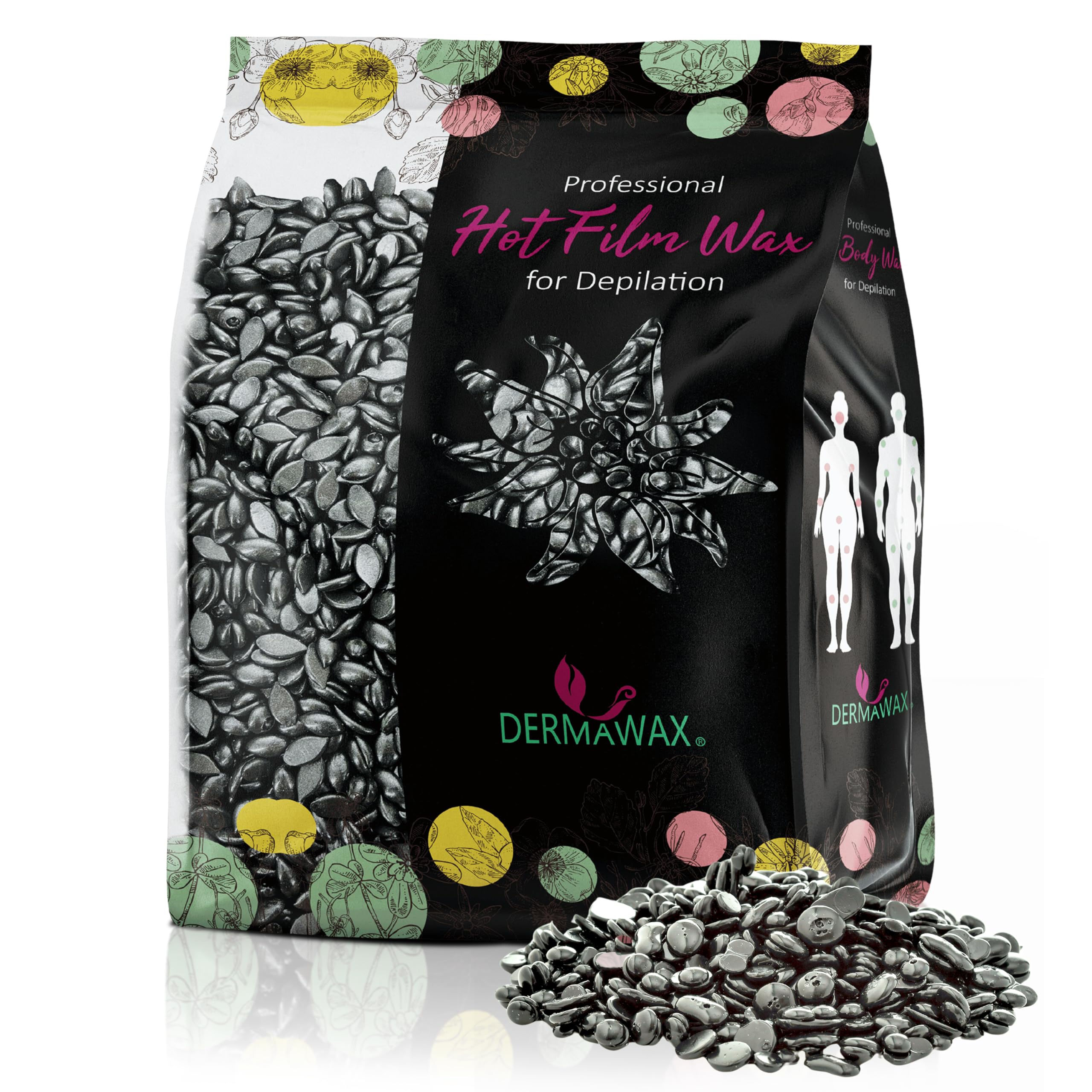 Dermawax Professional Hard Wax Beads- Full Body Stripless Depilatory Waxing Film Wax Less Pain Formula Hair Removal of Face Legs Armpit Bikini Line (500 g (Pack of 1), Black silver)