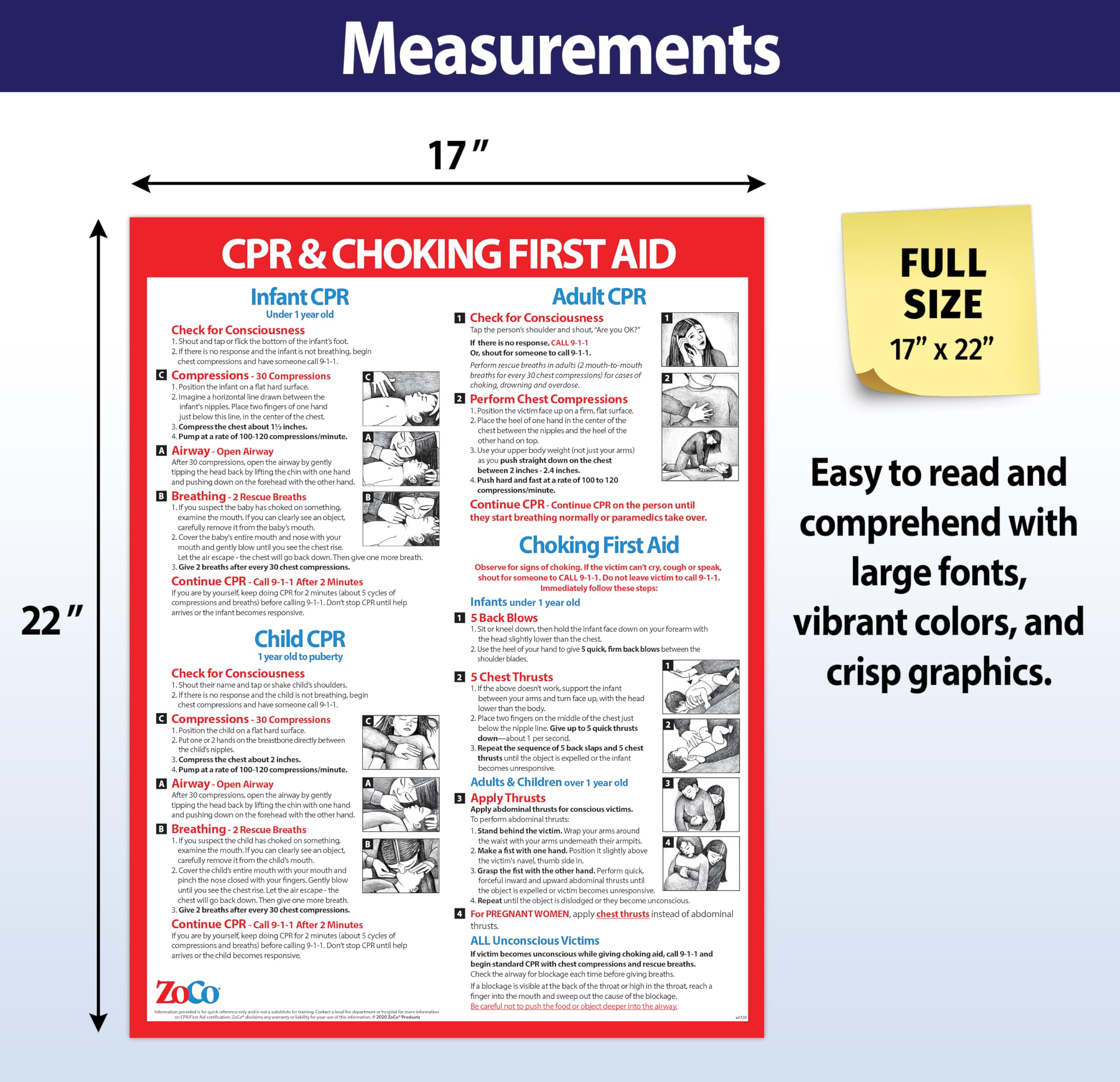 CPR Poster - Heimlich Maneuver Restaurant Sign - Laminated, 17 x 22 inches - Infant, Child, Adult CPR and Choking First Aid Poster - School Nurse Office Decor