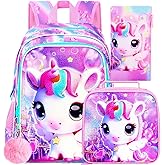 UFNDC 3PCS Unicorn Backpack, 16" Girls Bookbag with Lunch Box for Kids, Water Resistant School Bag for Elementary Preschool Toddler