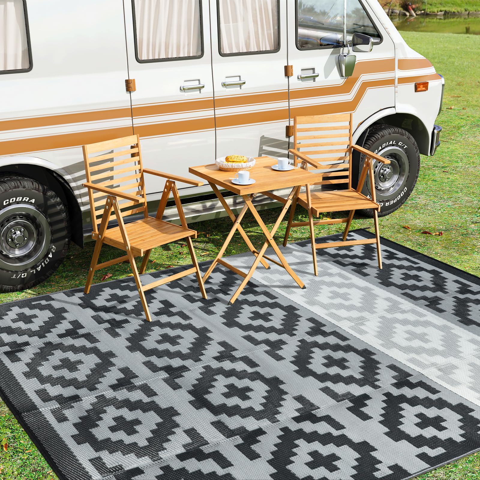 Photo 1 of Anidaroel Patio Rugs Outdoor 8x10 Waterproof, Reversible Plastic Straw Outside Rug for Patio, Large Outdoor RV Camping Mat for Deck, Backyard, Picnic, Beach, Trailer (Black&Gray,8‘x10')