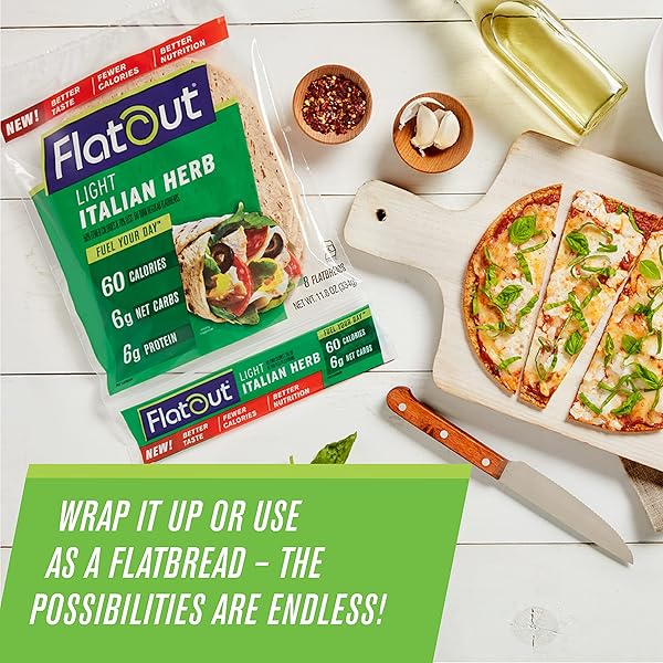 FLATOUT FLATBREAD, LIGHT ITALIAN HERB WRAPS, PERFECT FOR USE AS SANDWICH BREAD, PIZZA CRUST, TORTILLAS, WRAPS AND MORE, 8 FLATBREADS