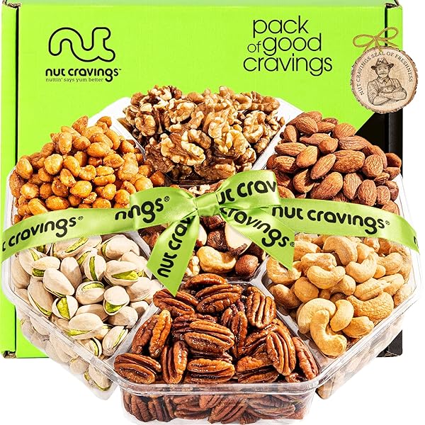 NUT CRAVINGS GOURMET COLLECTION – PURIM MISHLOACH MANOT MIXED NUTS GIFT BASKET + GREEN RIBBON (7 ASSORTMENTS, 1 LB) ARRANGEMENT PLATTER, BIRTHDAY CARE PACKAGE – HEALTHY KOSHER CORPORATE GIFTS