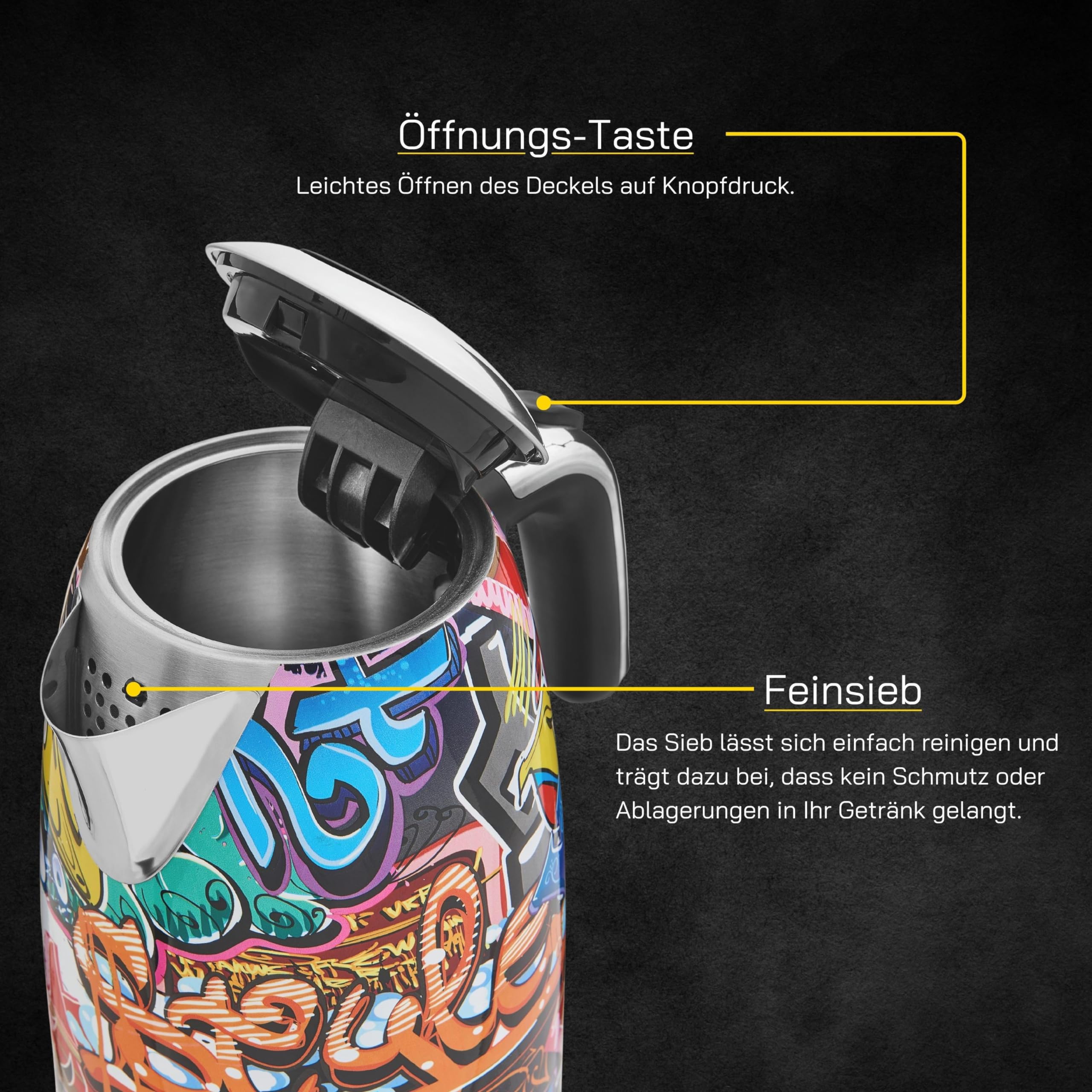 GUTFELS Wasserkocher Bunt WATER 3010 G – Graffiti-Style Design, 1,7 Liter, 2200 Watt, Kalkfilter, Uberhitzungsschutz, Trockengehschutz, 360-Grad-Sockel 6