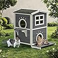 DWVO Large Two-Story Outdoor Cat House for 2 Cats, Solid Wood Feral Cat Shelter Weatherproof with Escape Door & Openable Asphalt Roof, 2 Story Outside Cat Condo with Windows for Small Animals, Grey