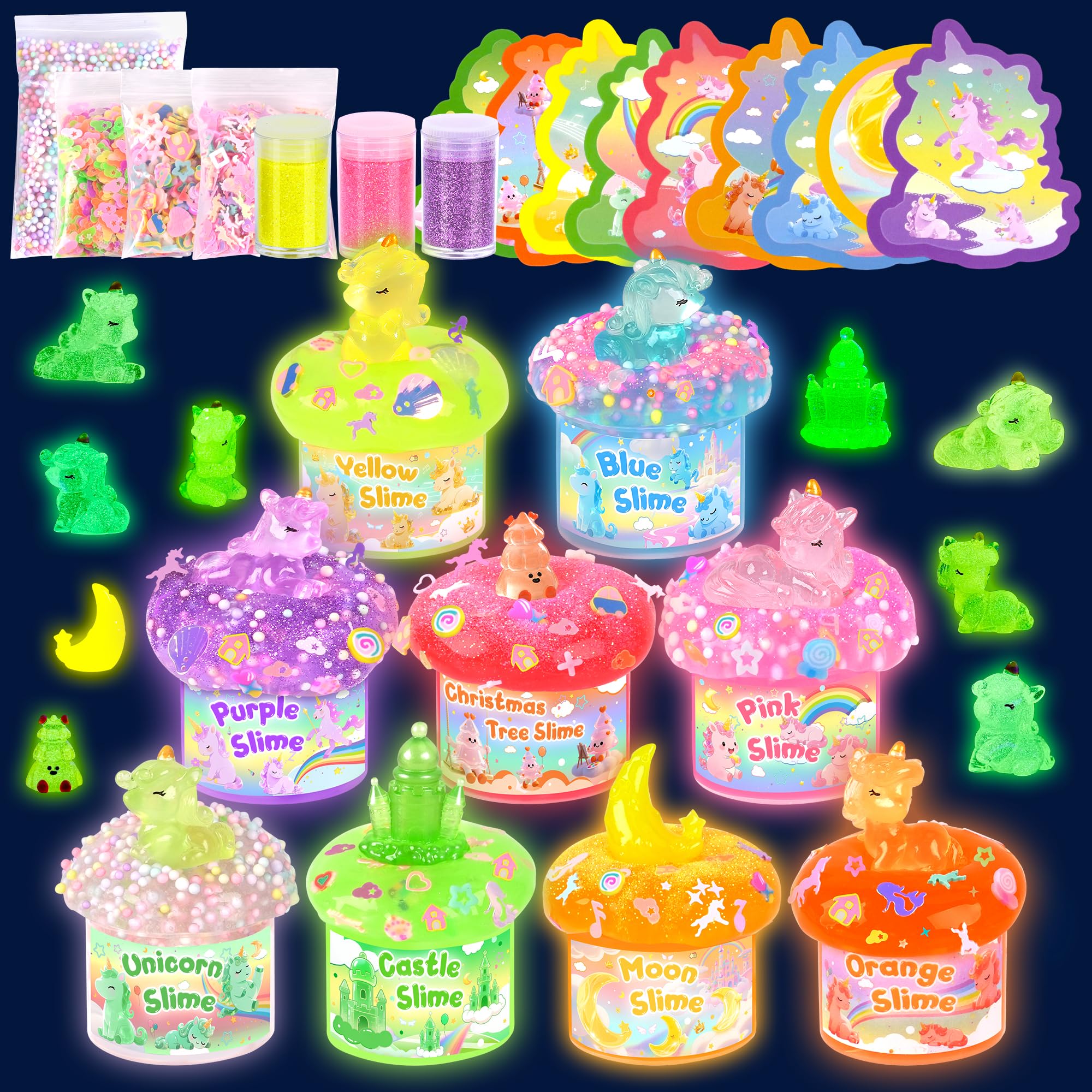 Unicorn Magic Glow-in-The-Dark Slime Kit 9 Pack with Glow Charms - DIY Slime Set Sensory Toys, Rainbow Slimes Party Favors for Girls & Boys Gift