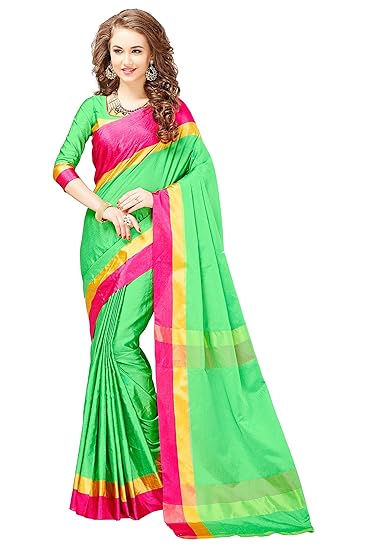 Womens Banarasi Cotton Saree With Blouse (jari107_Pink & Green)