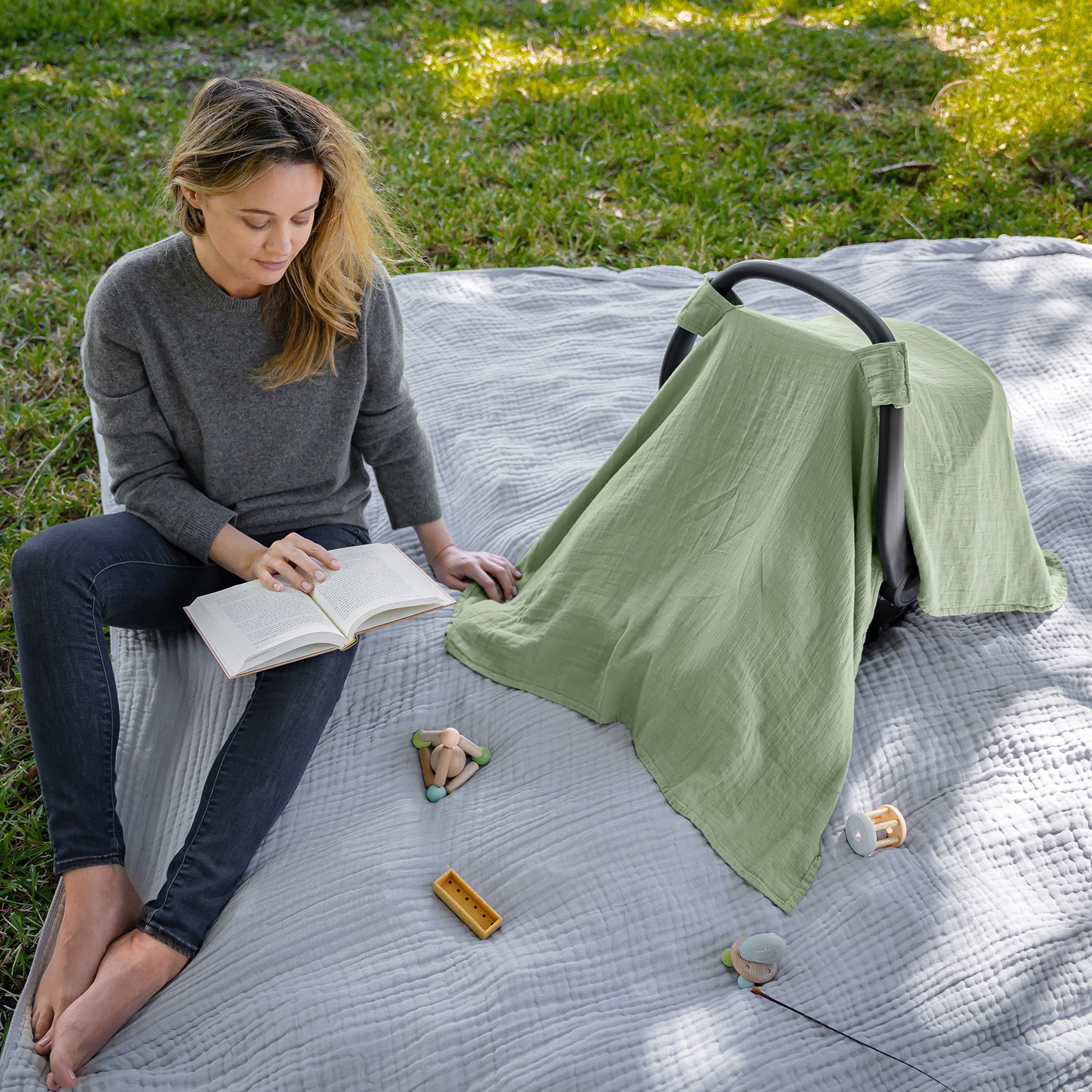 Comfy Cubs Baby Car Seat Cover - Soft, Breathable Bamboo Rayon and Muslin Cotton Blend - Lightweight Canopy for Sun, Bug, and Comfort Protection - Large Size Infant Seat Cover in Sage Design