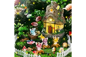 Leyndo 28 Pcs Solar House Garden Accessories Fairy Light up Fairy Figures Garden Kit Resin Miniature Mushroom House Figures Micro Landscape Ornaments(Classic)