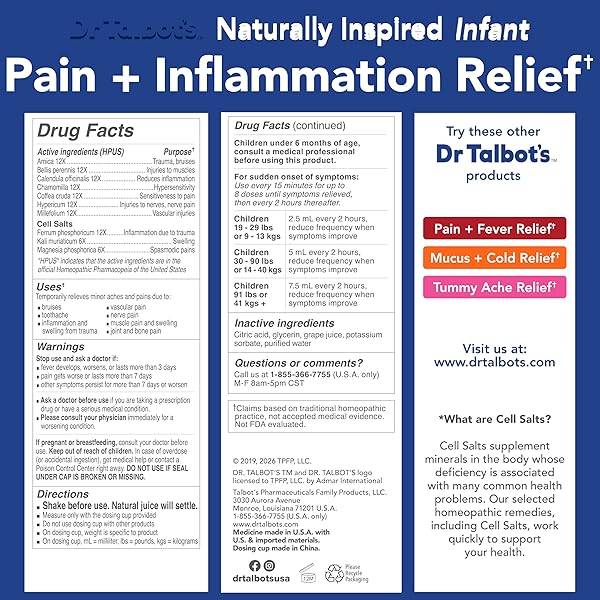 DR. TALBOT’S PAIN + INFLAMMATION RELIEF LIQUID MEDICINE FOR CHILDREN, INCLUDES DOSAGE CUP, GRAPE JUICE FLAVOR, 4 FL OZ (PACKAGING MAY VARY)