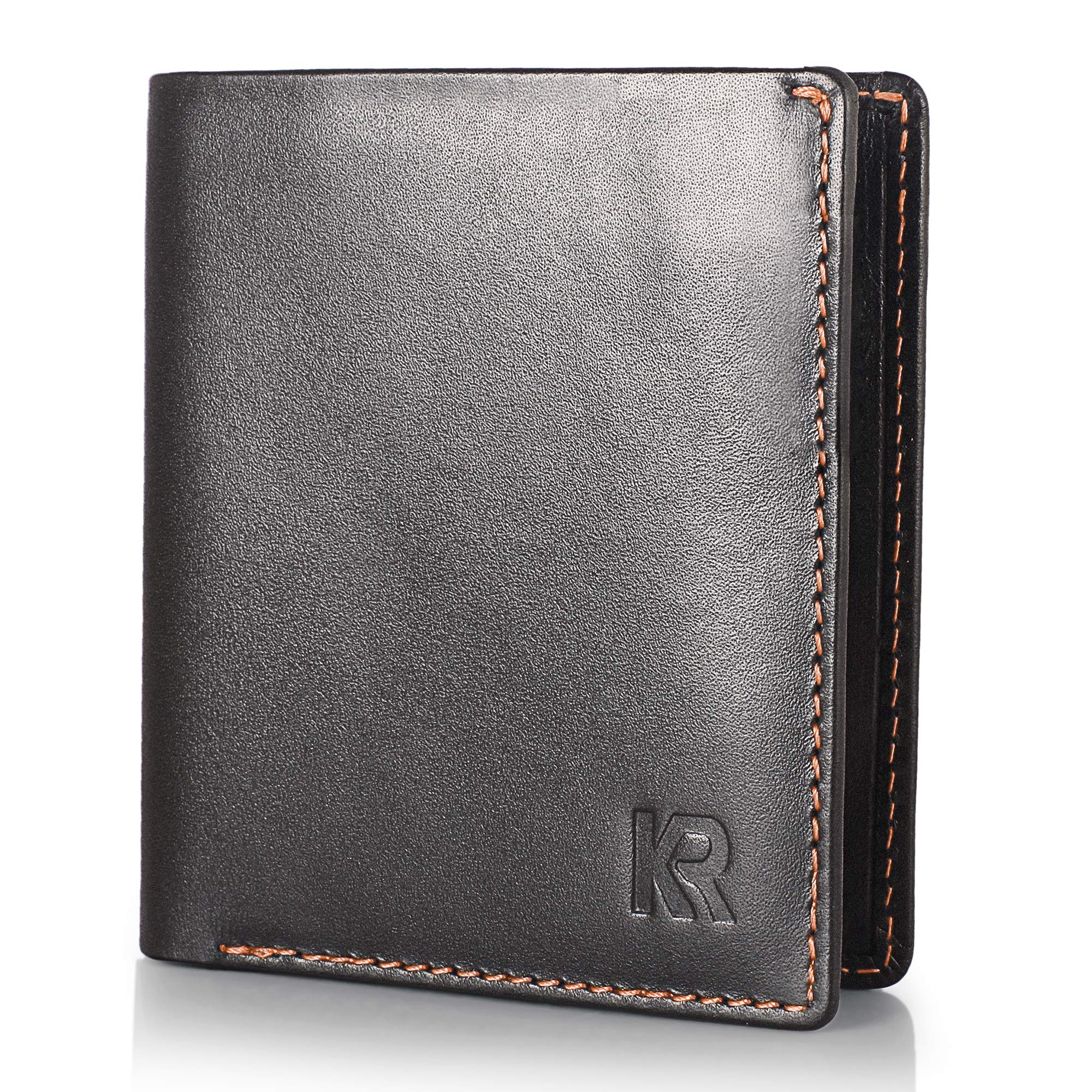 KRONIFY Odysseus Mini Wallet for Men Made of Leather I Perfect Size for The Trouser Pocket I TÜV Certified RFID Protection I Black Wallet with Orange Accents I Purse I Wallet for Men