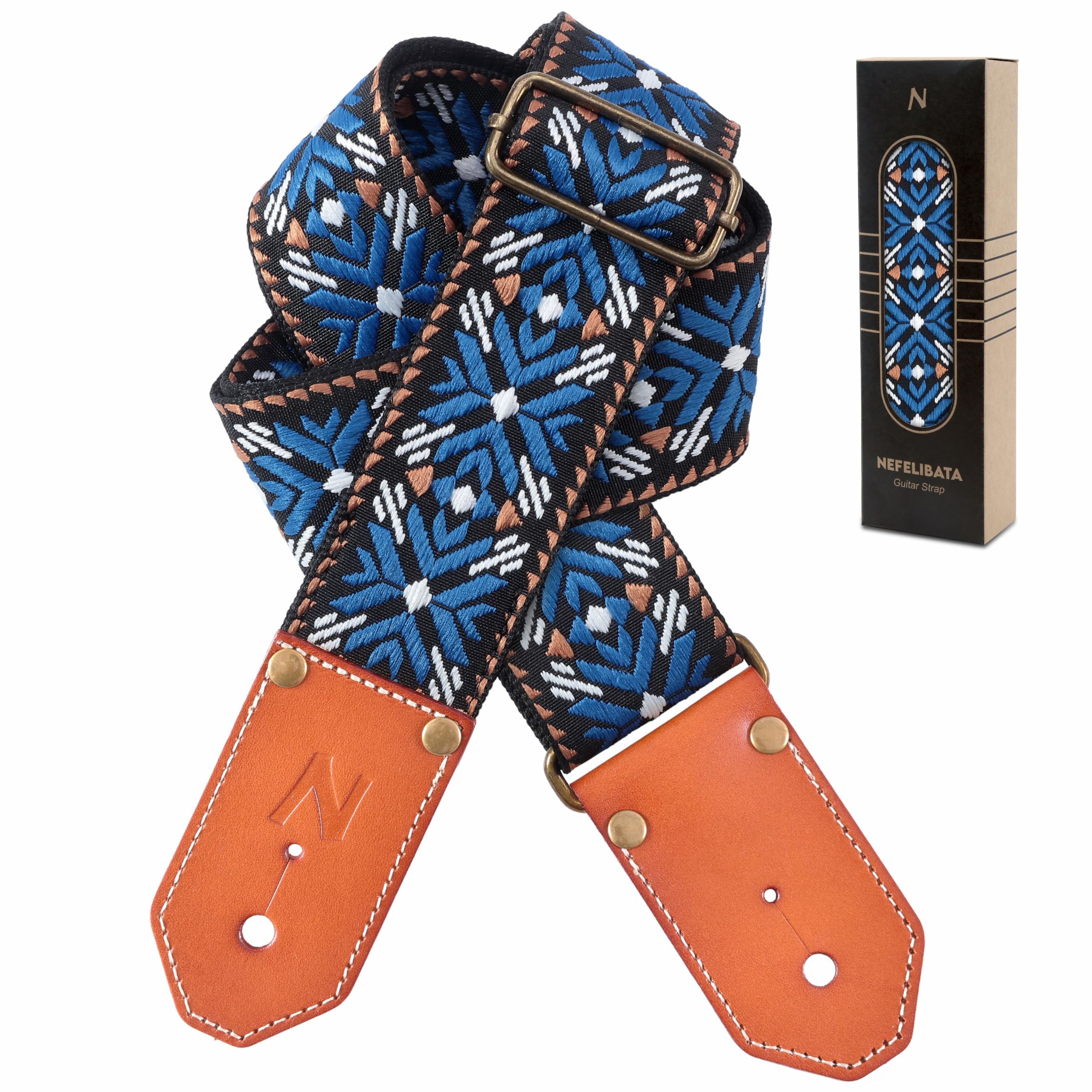 Nefelibata Cool Woven Guitar Strap - Cotton Guitar Straps with Thicked First Layer Vegetable Tanned Cowhide Leather Ends for Acoustic, Bass, Electric, Best Gift for Your Love Guitarists (Glamour Blue)