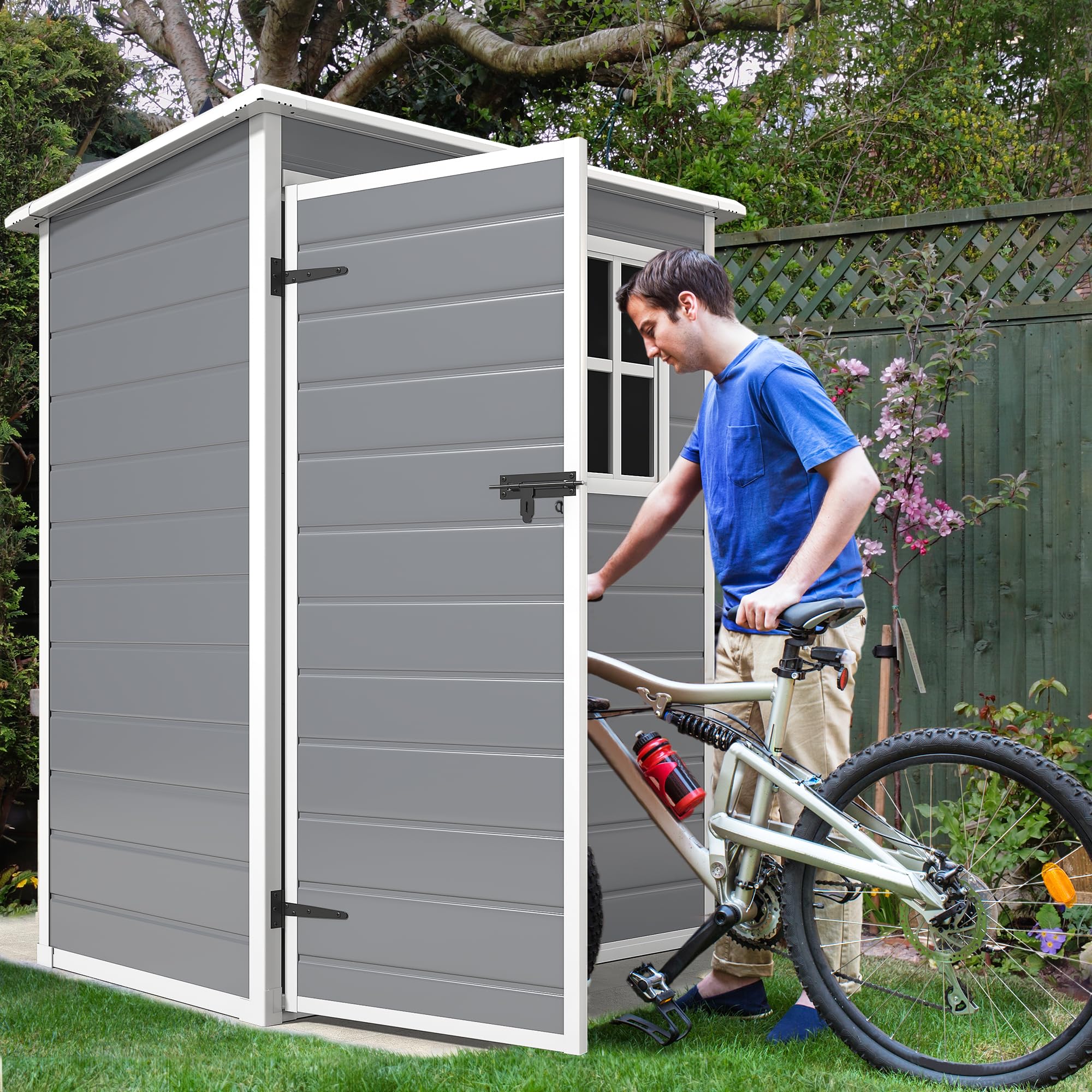 5x3 FT Resin Outdoor Storage Shed With Floor - Lockable, Waterproof Garden Shed For Backyard, Patio, Tools (Grey/White)