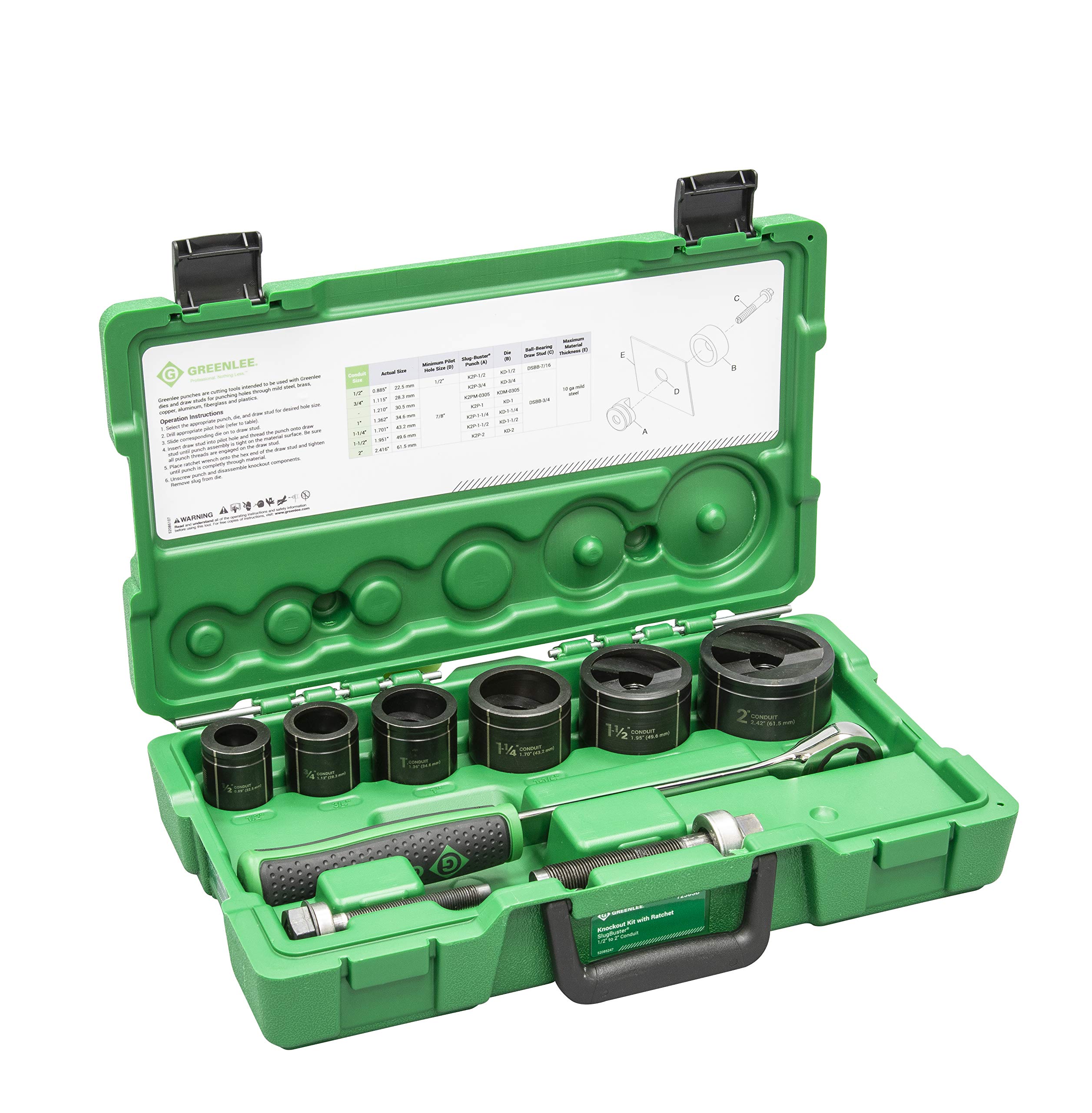 Photo 1 of ***PARTIAL SET
Greenlee 7238SB Slug-Buster Knockout Punch Kit with Hex Ratchet Wrench, 1/2" to 2" Punches, and 7/16" and 3/4" Draw Studs, Electrical Conduit Hole Cutter Kit