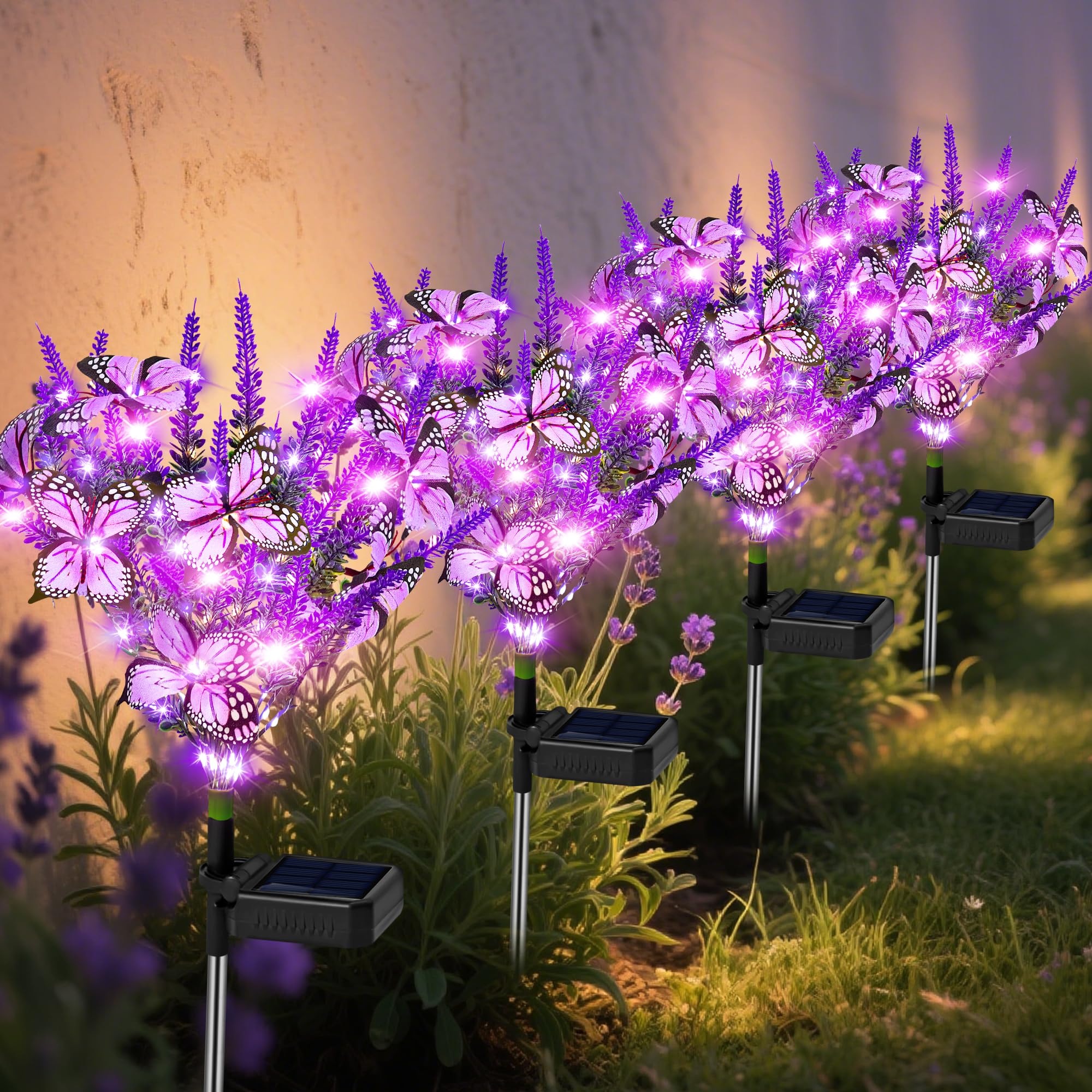 Photo 1 of Solar Garden Lights, Solar Lavender Butterfly Lights, Solar Flower Lights Outdoor Waterproof Decoration, Gardening Gifts for Women, Yard Patio Pathway Lawn Courtyard Decoration (4pack Purple)