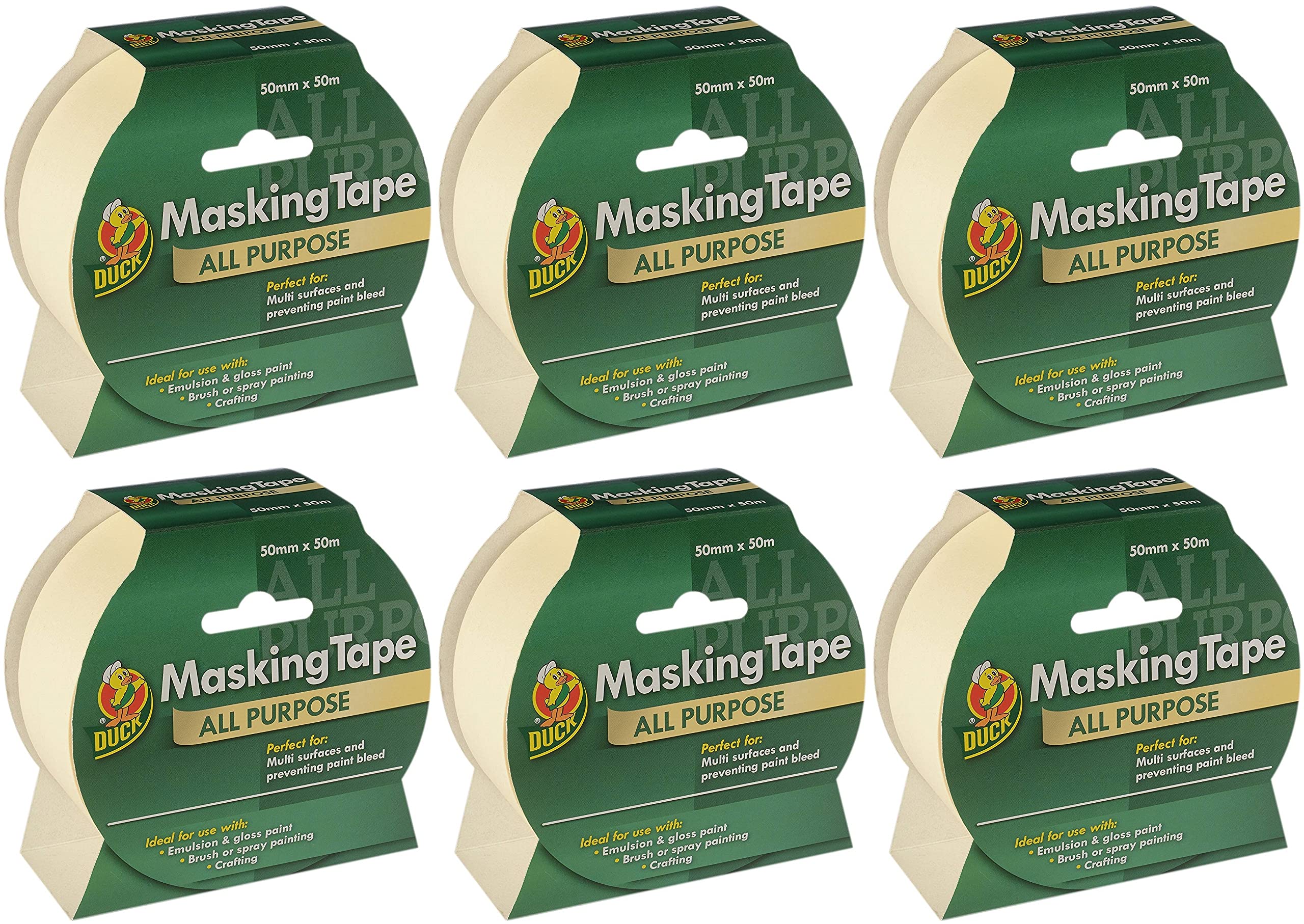 Duck Tape 260196.6 All Purpose Masking Tape 50mm x 50m, Pack of 6, Beige