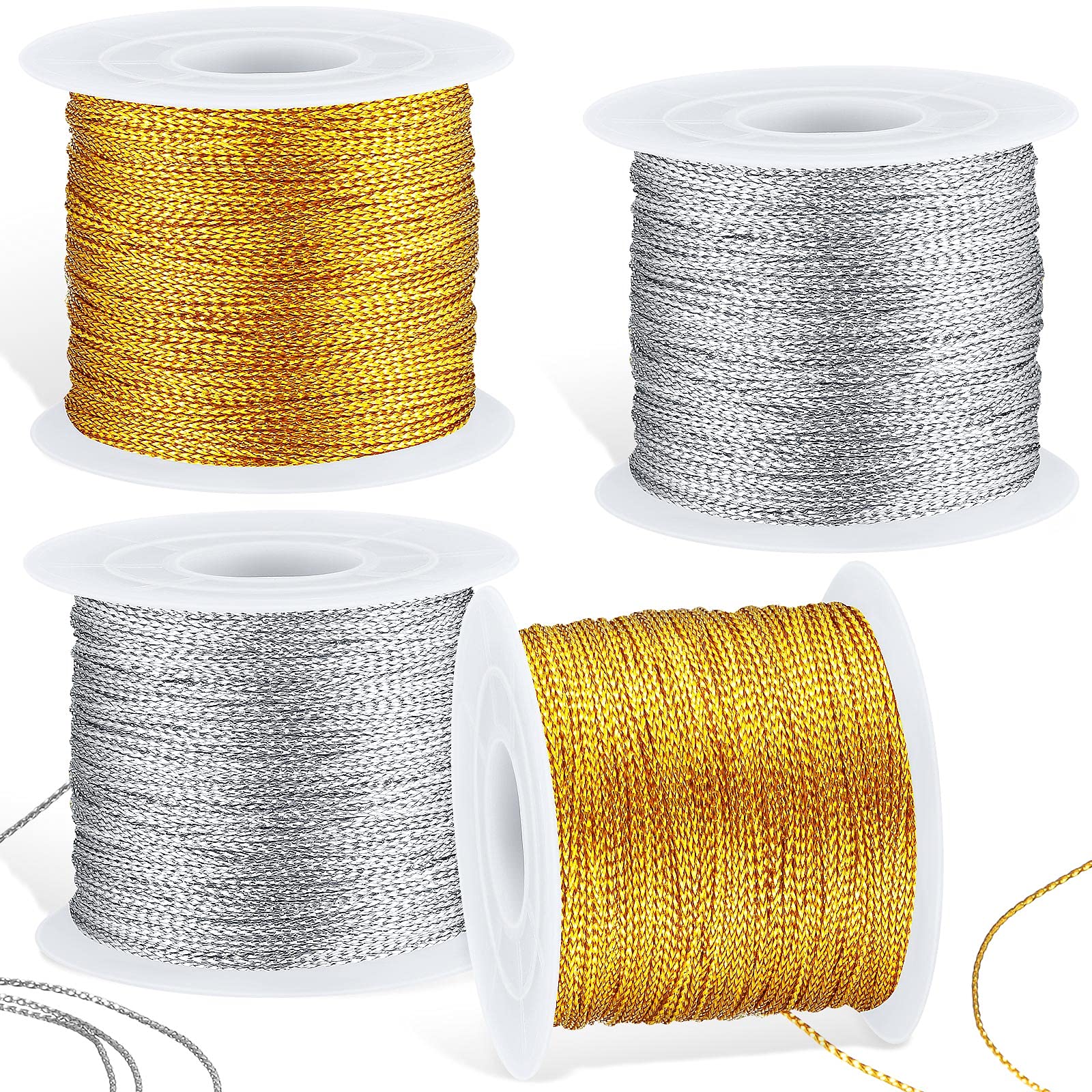 Shappy 440 Yards Metallic Cord Tinsel Rope for Craft Jewelry Making, Ribbon Wrap Thread Tag Cord for Christmas Ornament Hanging Decoration (Gold, Silver)