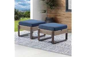 MeetLeisure Patio Wicker Ottoman Set of 2, Outdoor PE Rattan Footstools with Removable Cushions & Wood-Looking Metal Steel Framed Legs for Garden Backyard Porch Deck, Navy Blue
