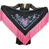 AMINA Red Flamingo Shawl with Fringes - Black Embroidery on One Side - Large Size 75X35inch