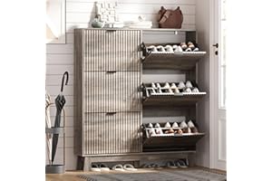 HUANLEGO Shoe Cabinet Storage for Entryway with 6 Flip Drawers, Fluted Narrow Shoe Organizer with Wooden Legs, Freestanding Slim Shoe Storage Hidden Shoe Rack Organizer for Front Door Entrance, Grey