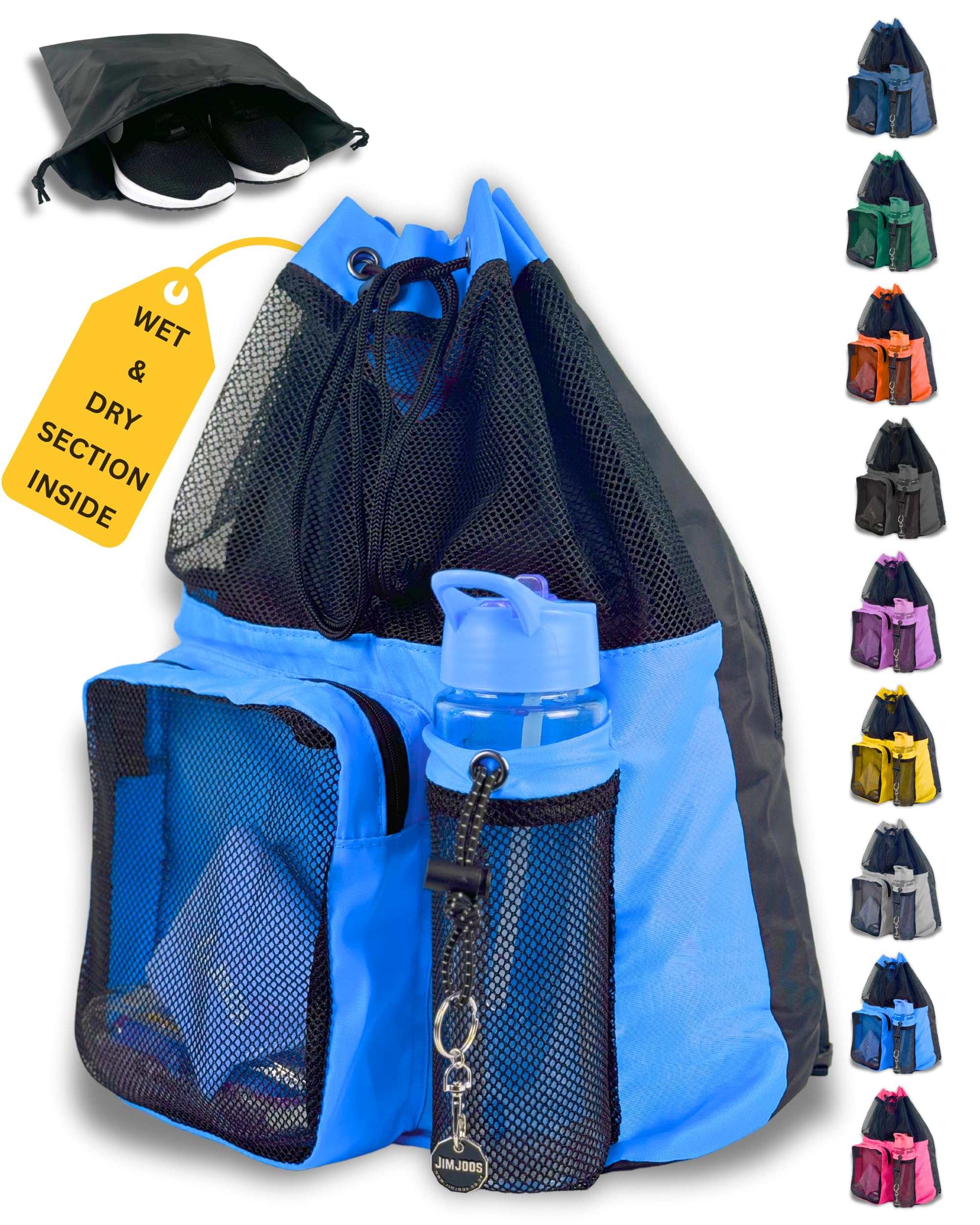 JIMJOOS Drawstring Mesh Swimming Bag - 25L Waterproof Swim Bag with Wet/Dry Compartment, Multifunctional Sports Backpack for Kids, Adults, Swimming, Surfing, Beach, Gym (Blue)