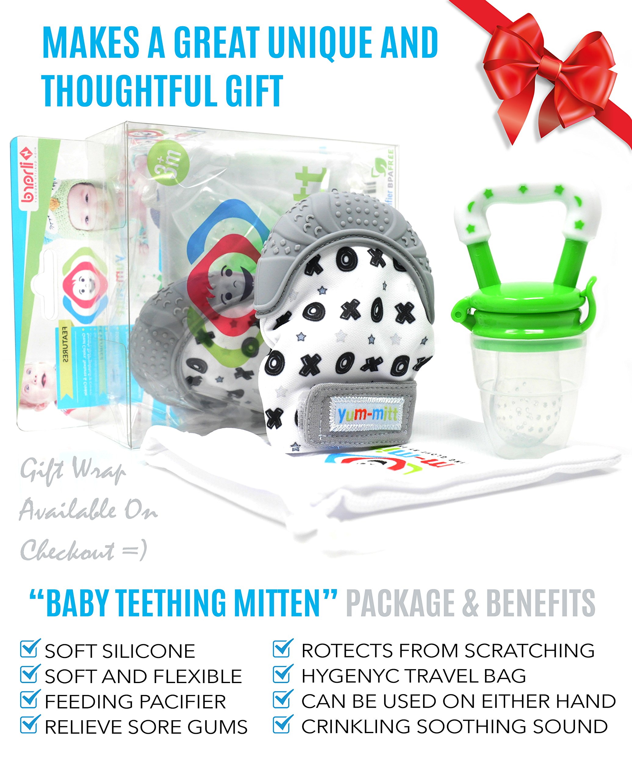 Teething Mitten for Babies with Fruit Feeder Pacifier - Baby Teething Toys for Self Soothing Gum Pain Relief. Infant Chew Glove Teether Mittens with Hygienic Travel Bag - Mitts for Boy or Girl (Grey)