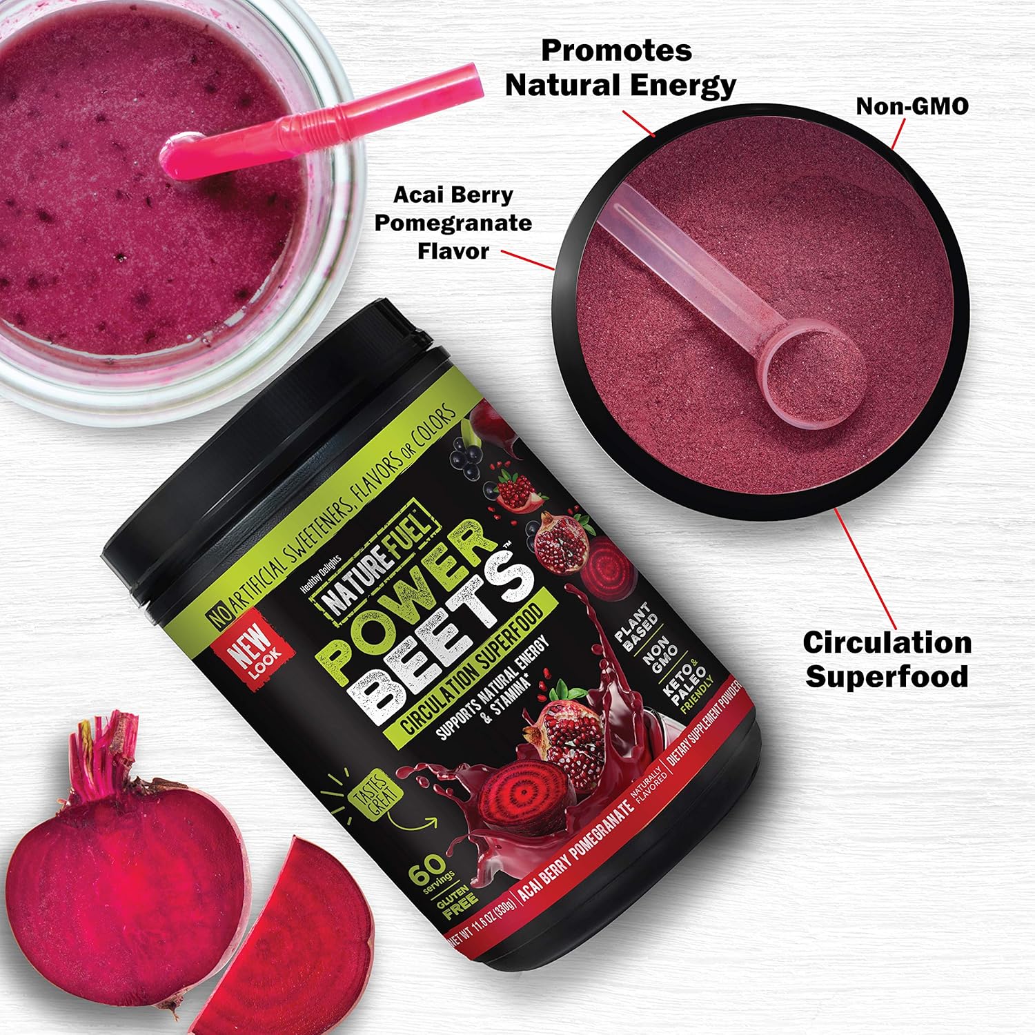 Nature Fuel Power Beets Super Concentrated Circulation Superfood Dietary Supplement – Delicious Acai Berry Pomegranate Flavor – Non-GMO Beet Root Powder, 60 Servings: Health & Personal Care
