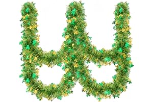 Gloreyan 33FT St.Patrick's Day Tinsel Garland Shamrock Clover Green Golden Metallic Twist Tinsel Garland Hanging Foil Garland for St. Patrick's Day Irish Festival Party Indoor Outdoor Decoration