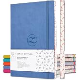 ZenART B5 Dotted Journal 120gsm Soft Cover Bullet Journaling Notebooks 160p | Lay Flat, Water-Scratch Resi. Faux Leather, Japanese Edge, 2Bookmarks + Pocket - Blue Large Dot Grid Notebook Journal 7x10 In