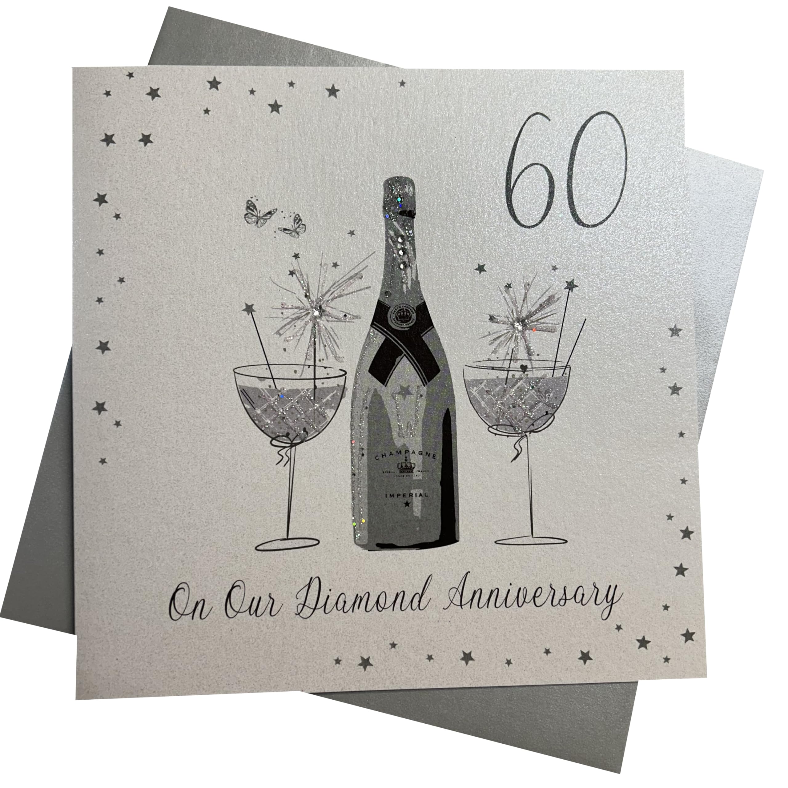 white cotton cards On Our Diamond Wedding, Large Handmade 60th Anniversary Card (Champagne & Chocolates)
