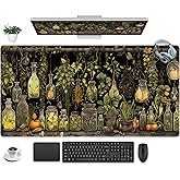 Desk Mat Green Plants Mouse Pad Gaming Mat Dark Keyboard Mat, Long Mouse Mat XXL Extended Desktop Mat Magical Bottles Computer Mats with Stitched Edges, Office Desk Accessory 31.5" x 15.7"