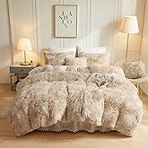LIFEREVO Luxury Fluffy Faux Fur Duvet Cover Set, Soft Tie Dye Plush Fuzzy Duvet Cover(1 Marble Print Shaggy Comforter Cover+2 Furry Pillowcases) Bedding Set, Zipper Closure(King, Light Beige)