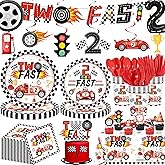 191PCS Two Fast Birthday Party Decortions, 2 Fast Birthday Decorations Includes Banner, Plates, Tablecloth, Cups, Balloons, Cake Topper, Boys Race Car Party Baby Shower Decorations Serve 24 Guests