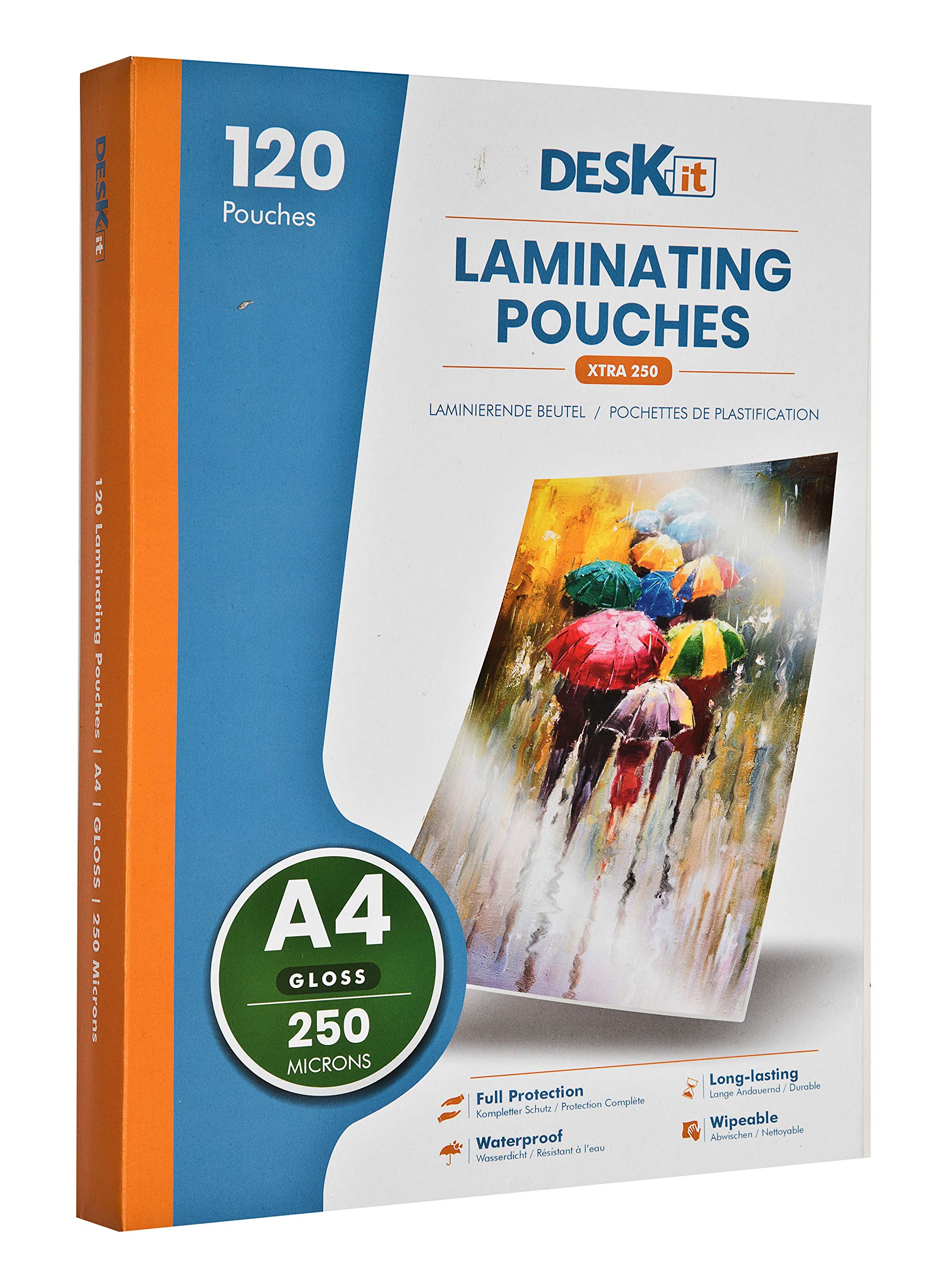 Deskit Extra-Strong Laminating Pouches, A4 Gloss, 250 Microns, 120 per Pack. Create Clear and Durable Presentations - Extra-Strong for Long-Lasting Documents