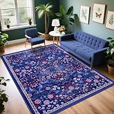 PLHXFR Area Rug Living Room: 4x6 Floral Washable Boho Soft Carpet Blue | For Bedroom Dining Room Farmhouse Nursery Hallway,Vintage Floral,Machine washable,Non Slip,Stain Resistant,Large Indoor