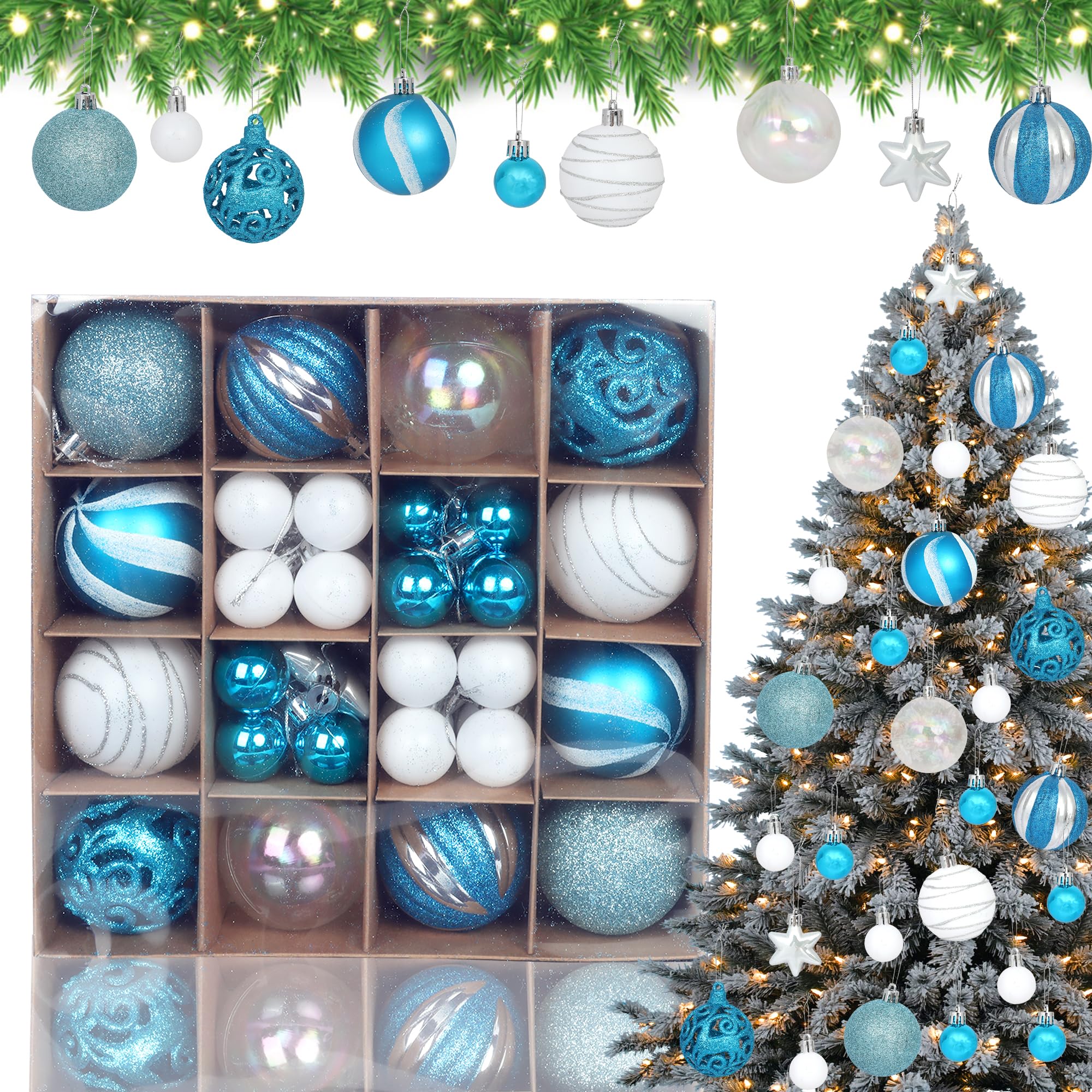 36PCS Blue Christmas Tree Baubles Hanging Set - Balls Ornaments for Home Party Gift Decor