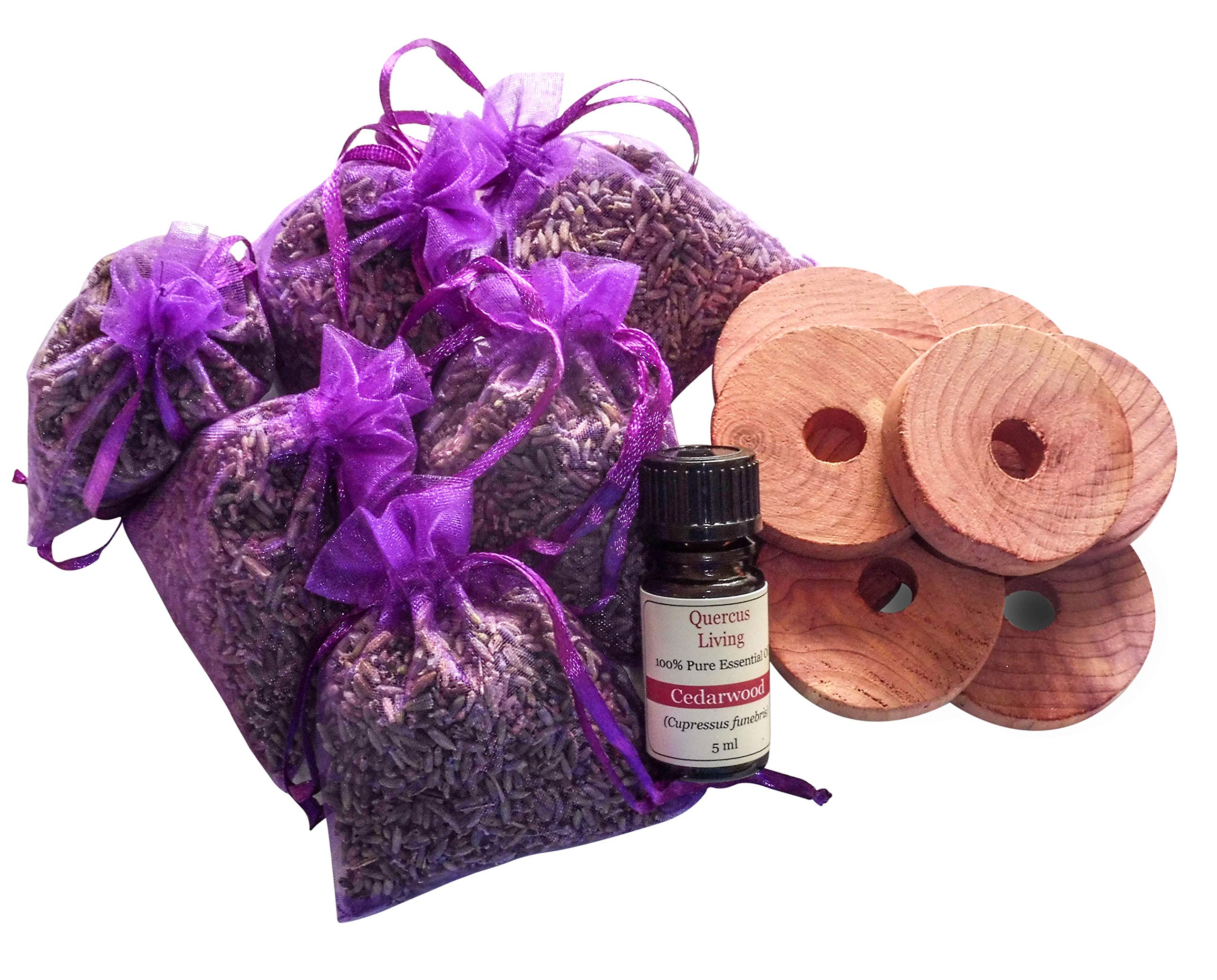 Quercus Living Fragrant Lavender Filled Large Bags, Cedarwood Rings and Essential Oil for Insect and Moth Repellent for Clothes, Drawers, Wardrobes, Shoes, Travel, Sleep, Exams and Cars.