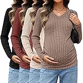 Sweetyweee 4 Pack Maternity Shirts V Neck Long Sleeve Pregnancy Clothes Ribbed Fit Women's Sweaters Winter Mama's Thermal Top