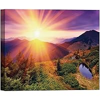 SIGNWIN Canvas Wall Art Orange Sunrise in Purple Blue Sky Over Foggy Mountains and Valleys Landscape Wilderness Realism Modern Panoramic Colorful for Living Room, Bedroom, Office - 12x18 inches
