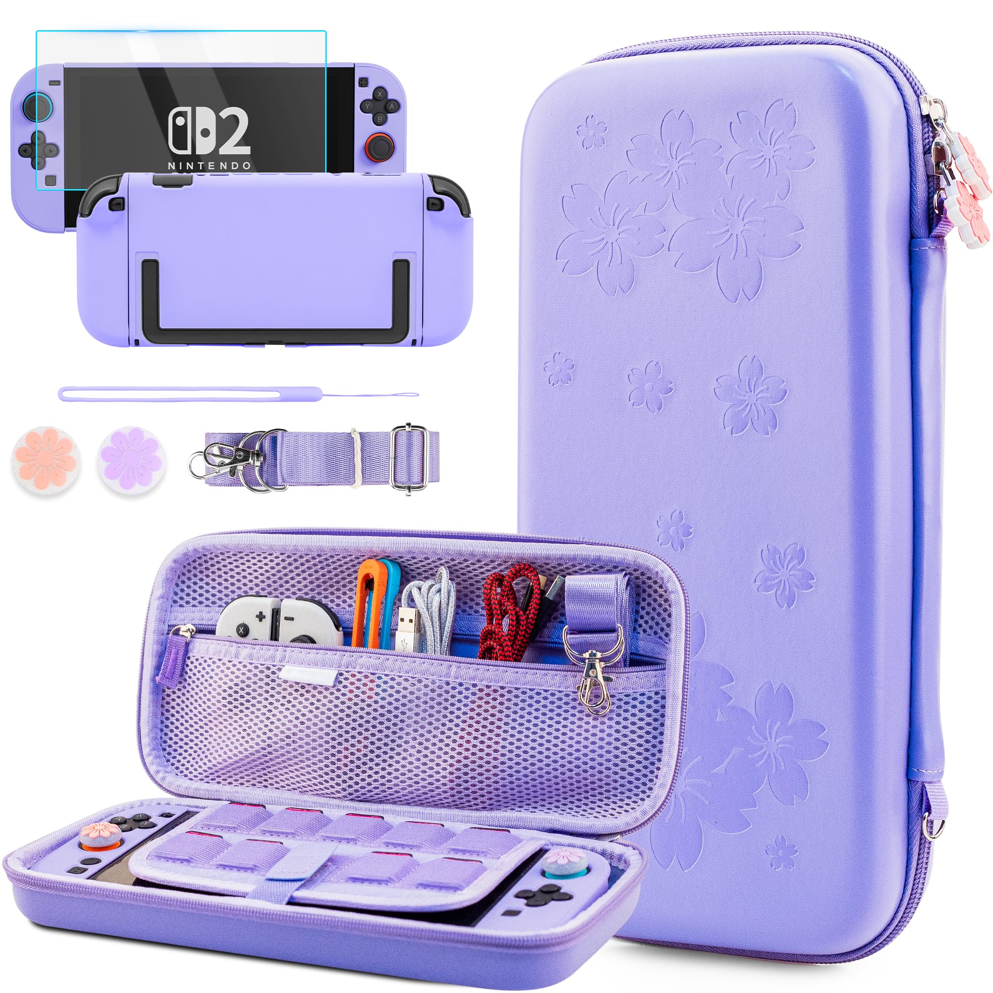 GLDRAM Purple Cherry Blossom Carrying Case for Nintendo Switch 2, Cute Girly Accessories with Sakura Travel Storage Bag, Hardshell Protective Cover, Screen Protector, Shoulder Wrist Strap & Thumb Caps